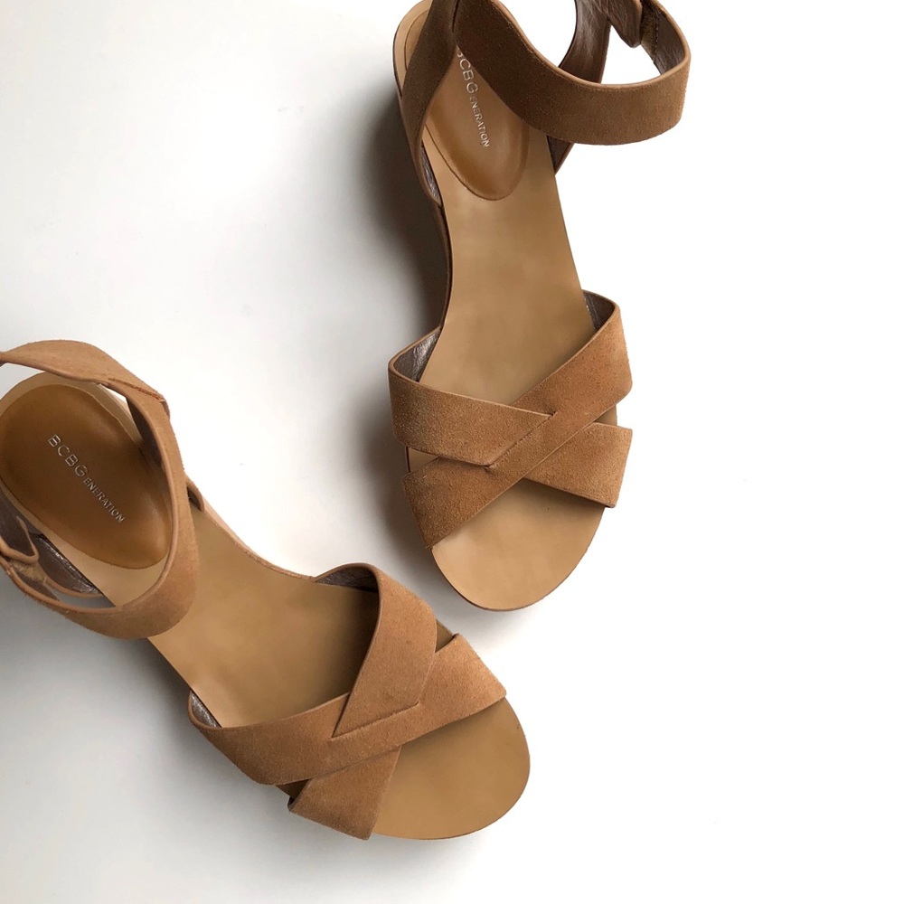 BCBGeneration tan Fabelle suede flatform sandals